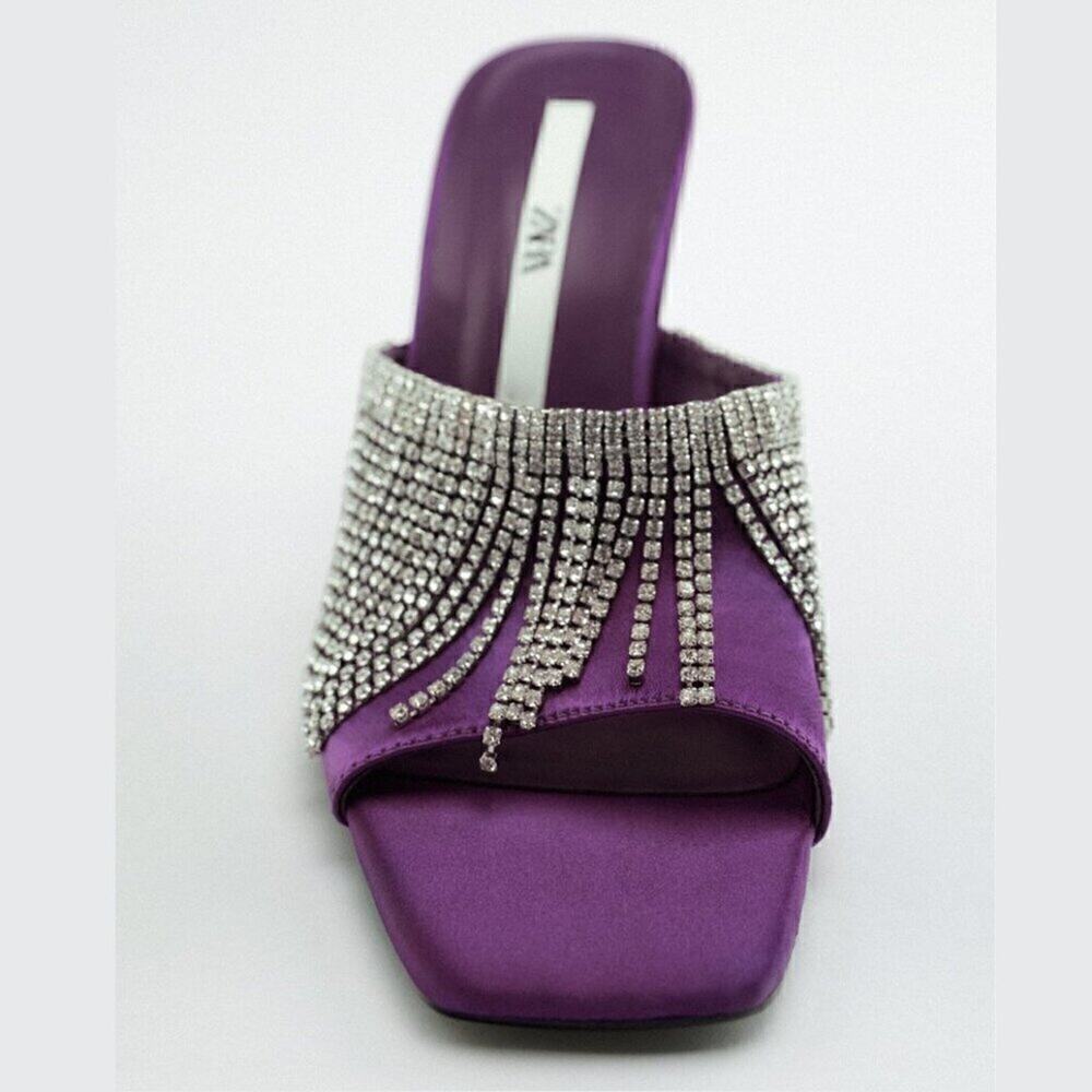 Zara Purple Rhinestone Fringe Mule Heels Statement Sandals NWT - Picture 14 of 14